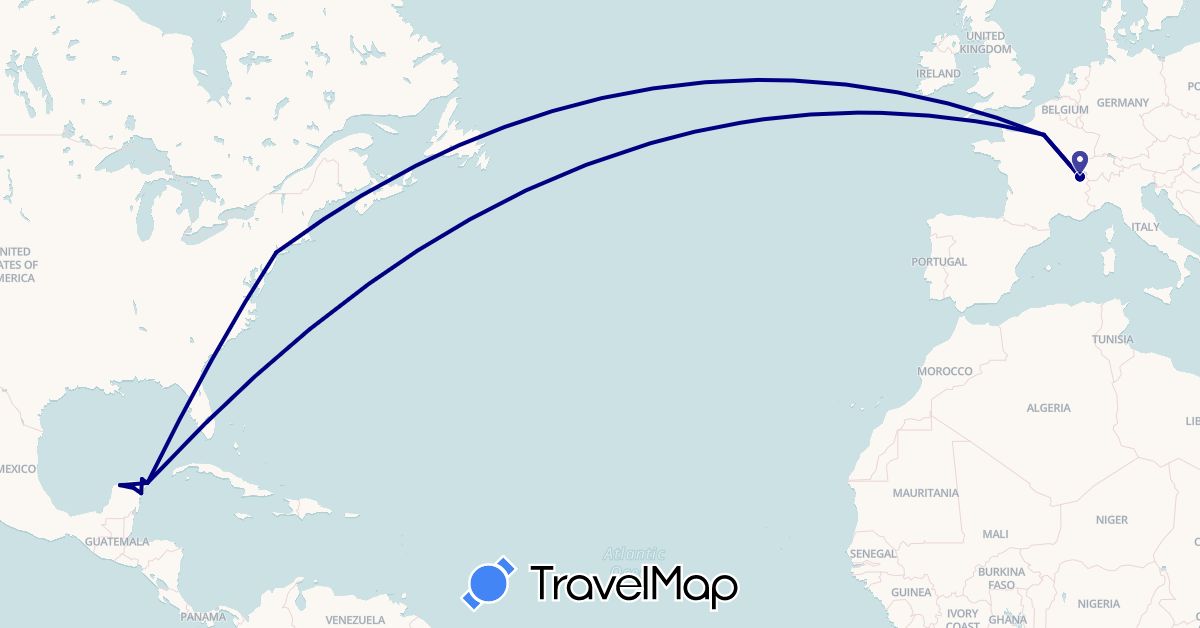 TravelMap itinerary: driving in Switzerland, France, Mexico, United States (Europe, North America)